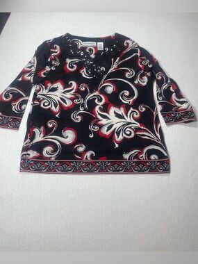 Alfred Dunner Black Red and White Floral Sequin V-Neck Long Sleeve Top